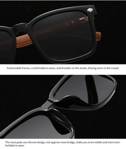 Detail of black polarized sunglasses featuring metal rivets and integrated silicone nose pads