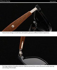 Macro view of wood grain temples and high-quality metal hinges on black round sunglasses