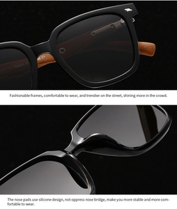 Detail of polarized sunglasses showing wood grain temples and metal rivet accents