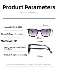 Detailed sizing chart and dimensions for the TR90 square frame fashion sunglasses