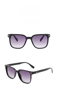 Front and side view of square black sunglasses with gradient grey lenses and silver detail