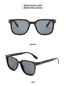 Front and side view of classic black oversized sunglasses with dark gray lenses