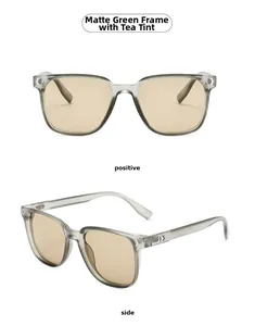 Detail view of translucent green square sunglasses with metal arrow hinge accents