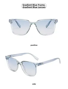 Detail view of square sunglasses featuring gradient blue frames and metal accents