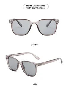 Sand gray square frame sunglasses with gray lenses shown in front and side views