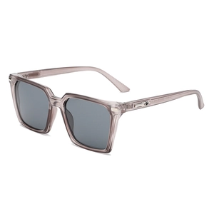 Classic square taupe translucent frame sunglasses with dark grey lenses and silver accents