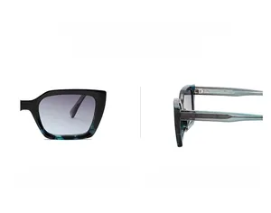 Detail of square sunglasses with gray gradient lenses and dark marble pattern frame