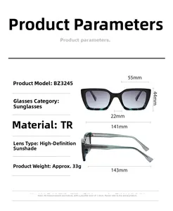 Detailed dimension guide for BZ3245 square sunglasses featuring TR frame measurements