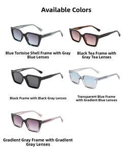 Flat lay of five square frame sunglasses in blue tortoise, black tea, and gradient colors