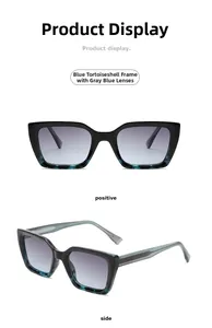 Detail view of square sunglasses with blue tortoiseshell frames and gradient grey lenses