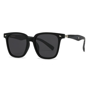 Polarized black square frame sunglasses with unique wood-grain textured temples and rivets