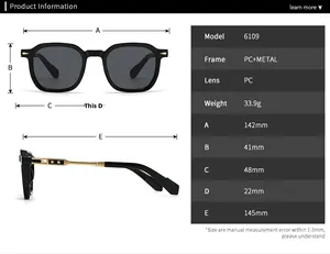 Detailed size specifications for vintage round metal aviator sunglasses model 6109