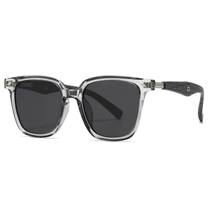 Polarized round sunglasses with deep purple acetate frames and black wood grain temples