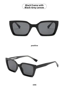 Detailed views showing the thick black frame and dark grey lenses of square sunglasses