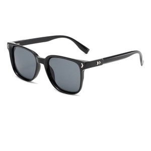 Classic square black sunglasses with silver arrow detail and gray lenses on white background