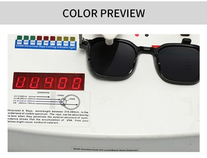 Detailed UV400 protection test showing black pilot sunglasses on professional testing device