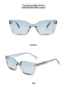 Front and side view of square sunglasses with translucent blue frame and gradient blue lenses