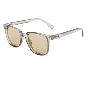 Translucent grey square sunglasses for men featuring silver arrow accents and yellow lenses