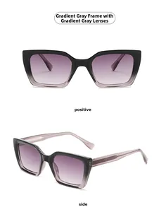 Detailed views of gradient grey square sunglasses from front and side perspectives