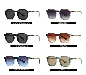 Detailed grid showing six color options for vintage aviator sunglasses with metal accents