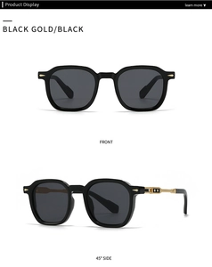 Front and 45-degree side views of black pilot sunglasses with gold metal hinges