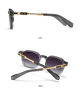 Side and back view of grey translucent aviator sunglasses with gold star metal details