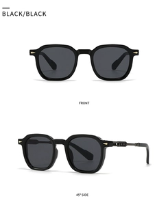 Front and 45-degree angle views of black pilot sunglasses with gold arrow accents