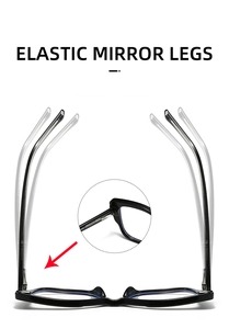 Detail of black frame eyeglasses showing elastic mirror legs and metal hinge flexibility