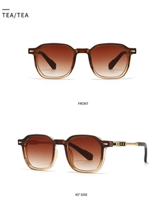 Front and side view of square tea brown gradient lenses with gold metal hinge details
