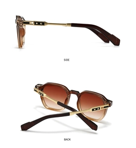 Detailed side and back views of vintage pilot sunglasses with amber frames and metal temples