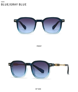 Detail of vintage round metal aviator sunglasses with gradient blue lenses and gold hinges