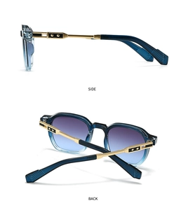 Side and back view of pilot sunglasses with blue gradient lenses and gold metal temples