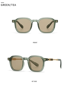 Front and side view of retro round pilot sunglasses with matte green frame and tea lenses