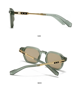 Side and back view of retro pilot sunglasses with olive green frames and gold metal temples