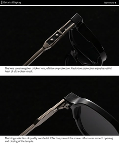 Detail view of reinforced UV lenses and precision metal hinges on black pilot sunglasses
