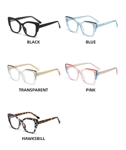 Detailed collection of cat-eye anti-blue light glasses in five stylish diverse colors