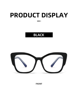 Front view of vintage black cat-eye glasses with metal reinforced temples and PC core