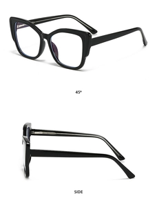 Detail view of black cat-eye glasses frame with metal hinges and side angle display
