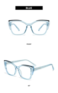 Detailed front and 45-degree angle view of blue and black cat-eye anti-blue light glasses
