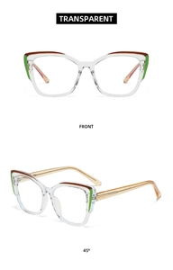 Macro detail of cat-eye glasses with transparent frames and green accent at hinges