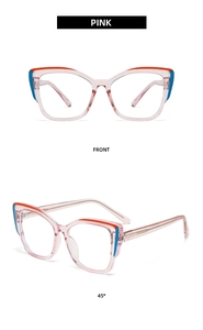 Front and 45-degree angle view of pink cat-eye glasses frames with reinforced metal core