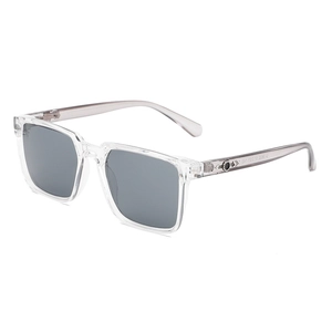 Occhiali da sole quadrati con montatura trasparente e lenti grigio scuro vista laterale