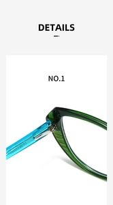 Close-up of durable silver metal hinges on retro emerald green and blue eyeglass frames