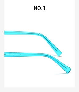 Detailed macro view of the translucent bright blue temple tip of retro eyeglass frames