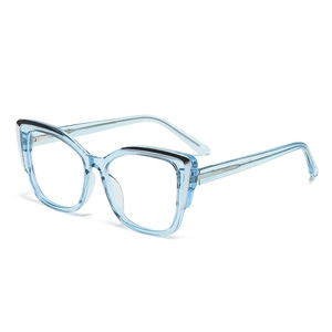 Blue cat-eye blue light blocking glasses with transparent frame and stylish accents