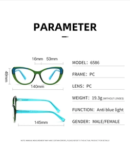 Detailed size specifications and weight of anti-blue light cat-eye glasses model 6586