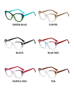 Six different colors of stylish cat-eye glasses frames in a minimalist grid layout