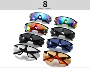 Detail showcasing eight color options of oversized wrap-around sporty sunglasses