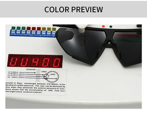 Detail showing oversized sunglasses on UV400 test machine for professional eye protection