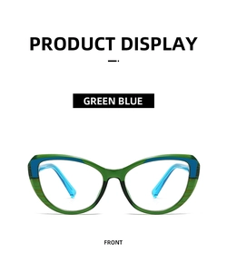 Front view of stylish cat-eye glasses frame with green and blue gradient finish